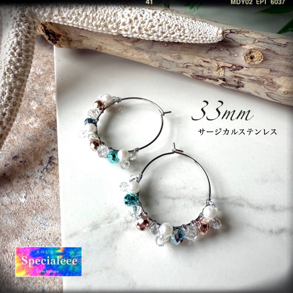 33mm🐚海風聞こえるメタリック&パール華奢ワイヤーフープピアス✨シルバー✨錆びに強いアレルギー対応サージカルステンレス✨