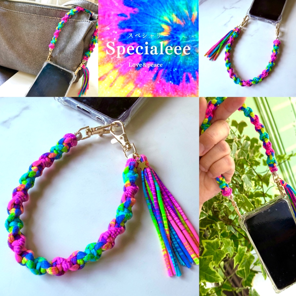 数量限定🌈ネオンレインボー編みハンドストラップ✨キーリング✨